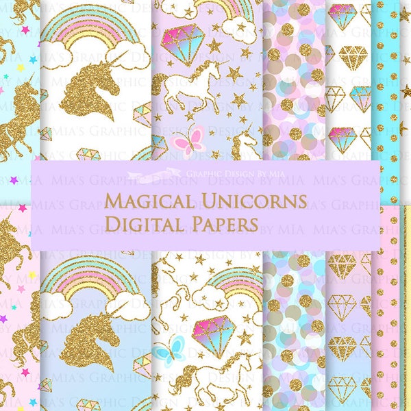 Magical Unicorns, Gold Glitter Unicorns, Einhorn, Unicorn Digital, Unicorn Digital Paper Pack - Instant Download - DP145