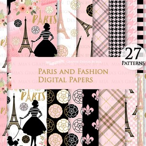 Paris, Fashion Digital Paper, Eiffel Tower, Monogram Bag, Quilted Handbag, Fashion Clip Art Digital Paper Set Instant Download image 6