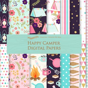 May include: A set of 12 digital papers featuring camping themed patterns. The patterns include lanterns, tents, flowers, stars, polka dots, gingham, and s'mores. The papers are perfect for scrapbooking, card making, and other crafting projects.