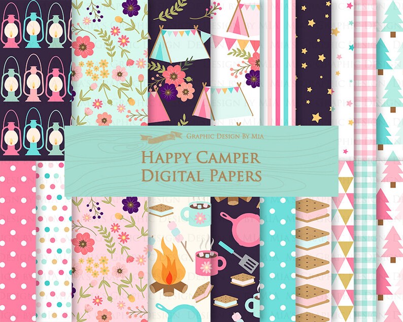 May include: A set of 12 digital papers featuring camping themed patterns. The patterns include lanterns, tents, flowers, stars, polka dots, gingham, and s'mores. The papers are perfect for scrapbooking, card making, and other crafting projects.