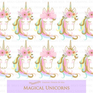 Magical Unicorns, Unicorn Horns, Unicorn faces, Unicorn heads, Gold Glitter Unicorns, Einhorn, Unicorn Clip Art Digital Paper Set image 5