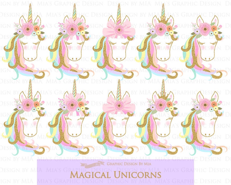 Magical Unicorns, Unicorn Horns, Unicorn faces, Unicorn heads, Gold Glitter Unicorns, Einhorn, Unicorn Clip Art Digital Paper Set image 5