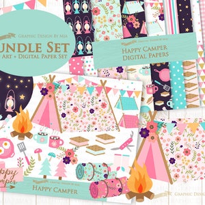 May include: A digital paper pack and clip art set with a camping theme. The set includes images of tents, campfires, lanterns, and other camping essentials. The colors are pink, blue, and green. The text "Happy Camper" is included in the image.