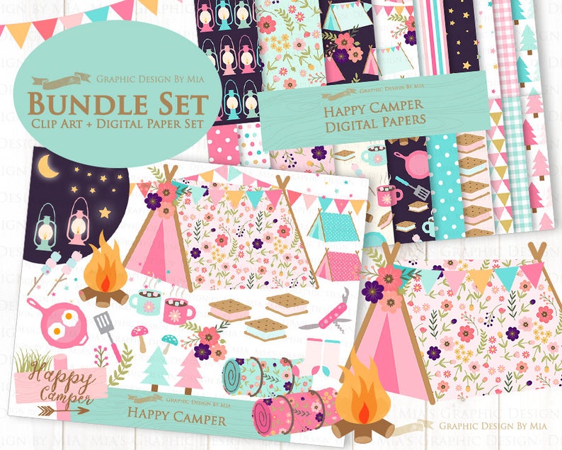 May include: A digital paper pack and clip art set with a camping theme. The set includes images of tents, campfires, lanterns, and other camping essentials. The colors are pink, blue, and green. The text "Happy Camper" is included in the image.