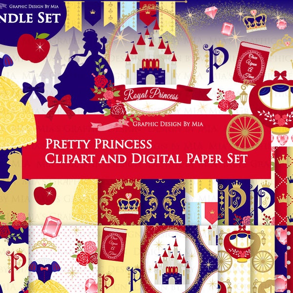 Princess, Princess Dress, Birthday Part, Princess Party, Royal, Snow White, Princess Clip Art + Digital Paper Bundle Set