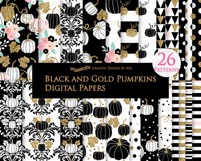 Black and Gold Pumpkins, Pumpkin, Black Pumpkin, Gold Pumpkin, Pumpkin Digital, Pumpkin Clip Art Digital Paper Set image 6