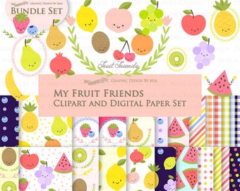 Fruits, Fruit, Kawaii Fruits, Fruit Friends, Pineapple, Watermelon, Lemon, Orange, Apple Clip Art + Digital Paper Set - Instant Download