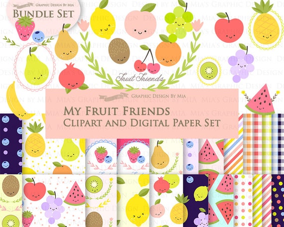 Fruits, Fruit, Kawaii Fruits, Fruit Friends, Pineapple, Watermelon, Lemon, Orange, Apple Clip Art + Digital Paper Set - Instant Download Il_570xn
