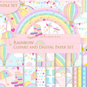 Rainbows, Pastel, Cute Rainbow, Rain, Clouds, Colorful Rainbow Party, Sun Sky, Boots, Umbrella Clip Art + Digital Paper Set