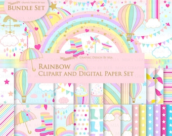 Rainbows, Pastel, Cute Rainbow, Rain, Clouds, Colorful Rainbow Party, Sun Sky, Boots, Umbrella Clip Art + Digital Paper Set