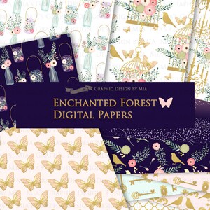 Pu&ograve; includere: Un set di 10 carte digitali con un tema incantato di una foresta incantata. Le carte includono motivi di farfalle, uccelli, fiori, chiavi, gabbie e barattoli con fiori. Le carte sono in una variet&agrave; di colori, tra cui rosa, blu, verde, oro e bianco.