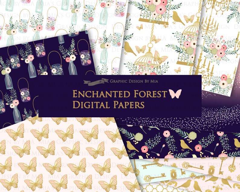 Pu&ograve; includere: Un set di 10 carte digitali con un tema incantato di una foresta incantata. Le carte includono motivi di farfalle, uccelli, fiori, chiavi, gabbie e barattoli con fiori. Le carte sono in una variet&agrave; di colori, tra cui rosa, blu, verde, oro e bianco.