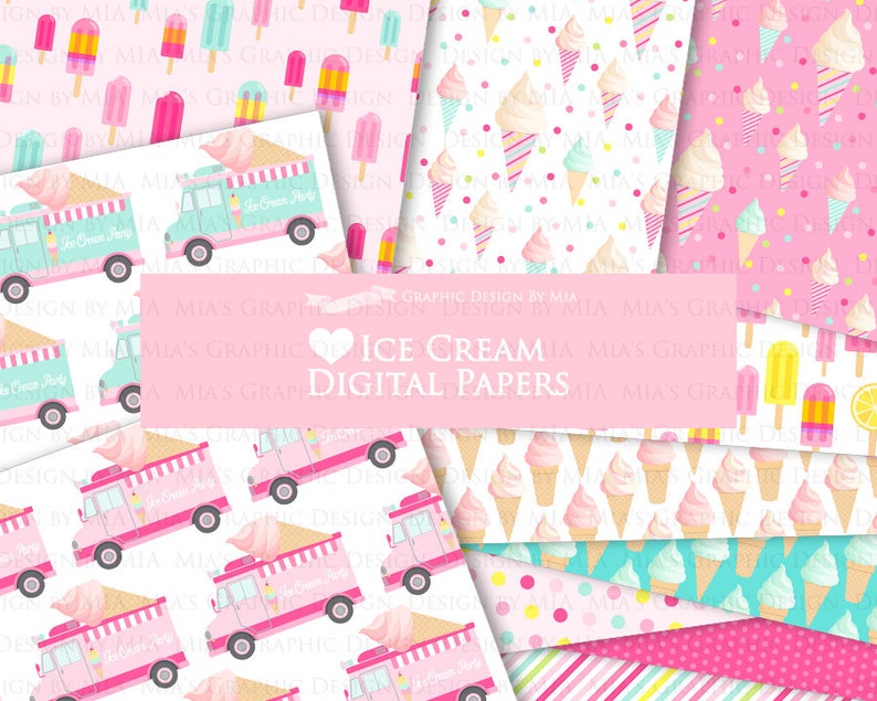 Ice Cream, Ice Cream Truck, Ice Cream Party, Popsicle, Ice Cream Cart, Ice Cream Cone Digital Paper Pack Instant Download DP207 image 3