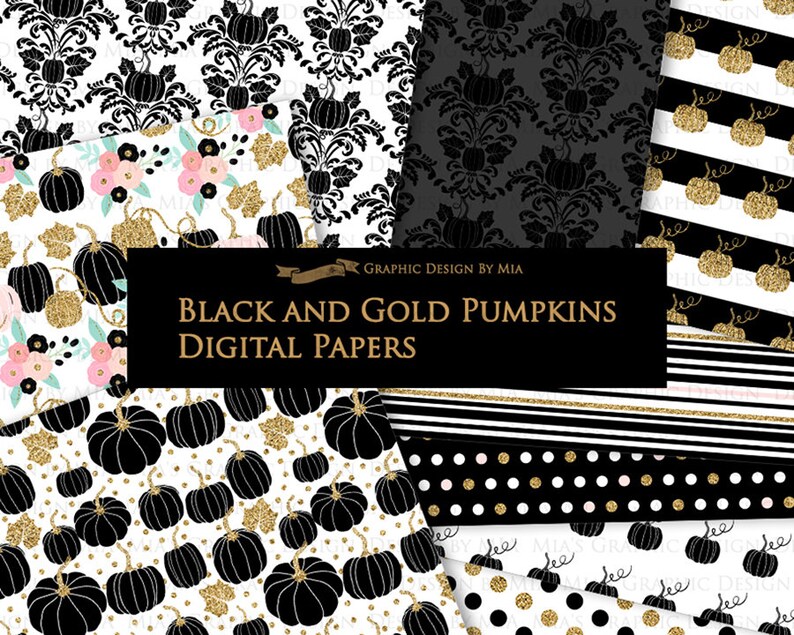 Black and Gold Pumpkins, Pumpkin, Black Pumpkin, Gold Pumpkin, Pumpkin Digital, Pumpkin Clip Art Digital Paper Set image 7