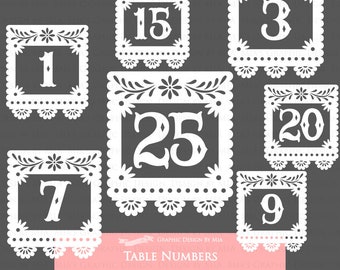 White Table Numbers / Wedding Table Numbers / Papel Picado / Fiesta Clip Art - Instant  Download - CA132