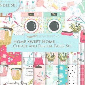 Cleaning, Chores, Laundry, Household Chores, Housework, Chores House Clip Art + Digital Paper Set - Instant Download