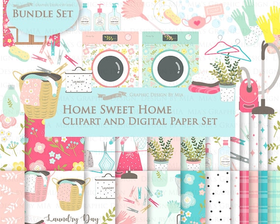 Cleaning, Chores, Laundry, Household Chores, Housework, Chores House Clip Art + Digital Paper Set - Instant Download Il_570xn