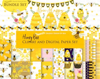 Bee, Honey Bee, Queen Bee, Bee Cupcake, Beehive Clip Art + Digital Paper Set - Instant Download
