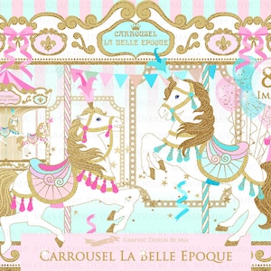Carousel, Merry Go Round, Gold Glitter, Carousel Digital, Paris, Carrousel La Belle Epoque Clip Art - Instant Download - CA155