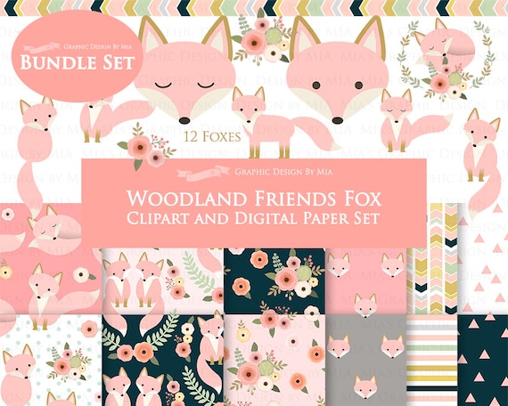 Fox Clipart, Pink Fox, Woodland Friends, Fox Digital, Fox Clip Art + Digital Paper Set - Instant Download Il_570xn