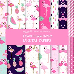Flamingo, Love Flamingo, Pink, Glitter Gold, Pink Pineapple, Hawaiian Party, Tropical  Digital Paper Pack - Instant Download - DP109