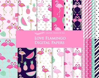 Flamingo, Love Flamingo, Pink, Glitter Gold, Pink Pineapple, Hawaiian Party, Tropical  Digital Paper Pack - Instant Download - DP109