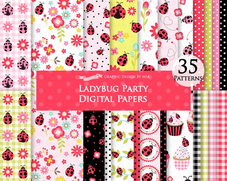 Ladybug, Ladybug Graphic, Ladybug Images, Ladybug Party, Ladybug Digital Clip Art Digital Paper Set Instant Download image 6