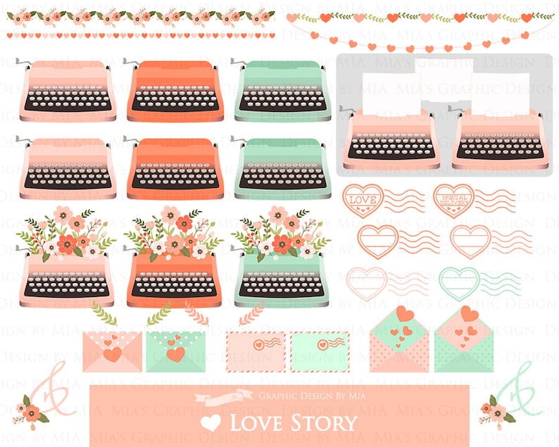Heart Clip Art Love CA114 Valentine Day Instant Download Flower Peach and Green Typewriter Love Letter Love Story