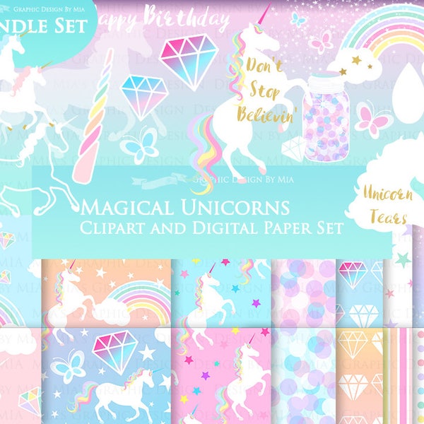 Magical Unicorns, White Unicorns, Einhorn, Unicorn Digital, Unicorn Clip Art + Digital Paper Set - Instant Download