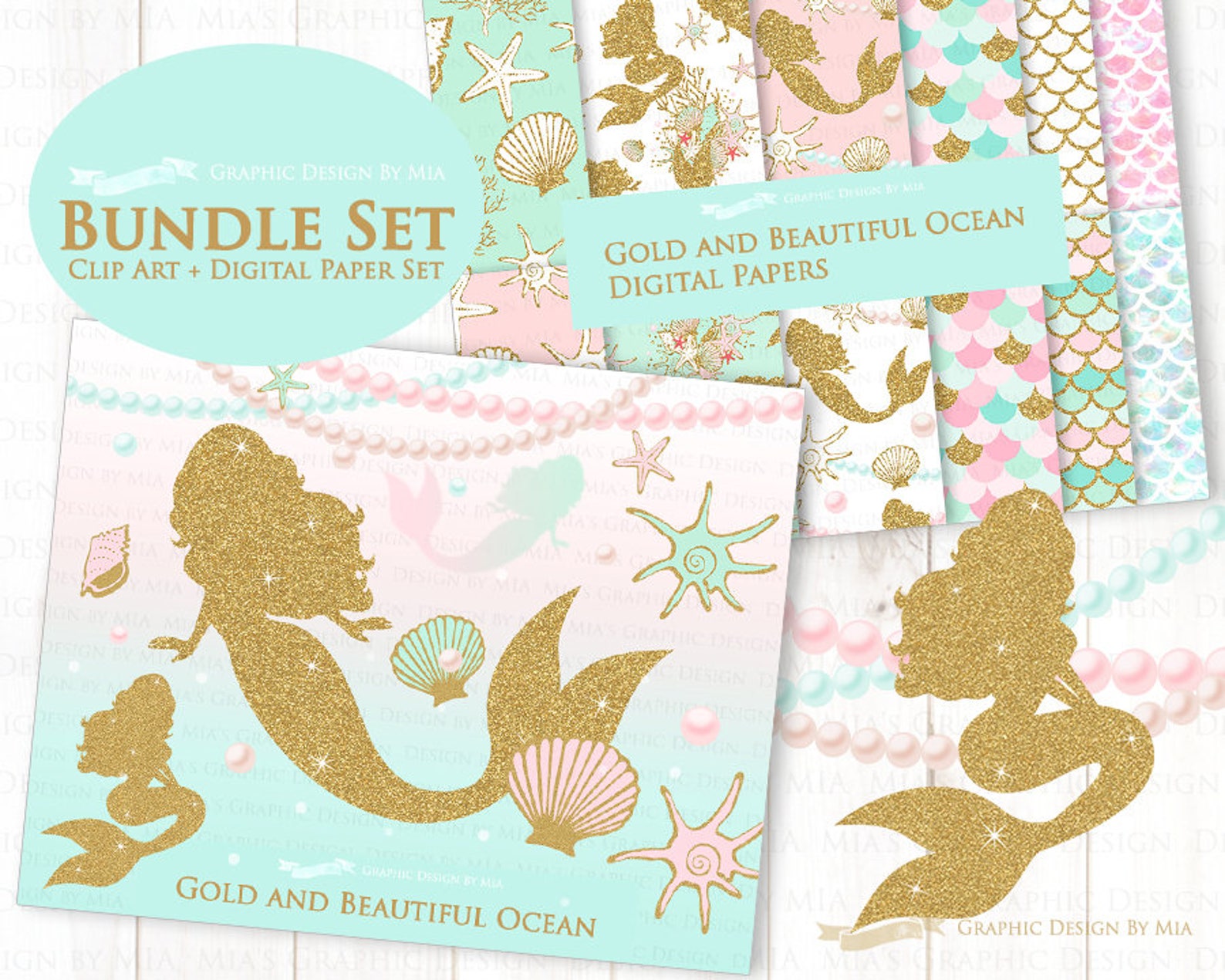 Gold Mermaid Clip Art + Digital Paper Set, Mermaid Digital, Seashell ...