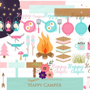 Happy Camper, Camping, Pink & Blue Clip Art + Digital Paper Set - Instant Download image 5