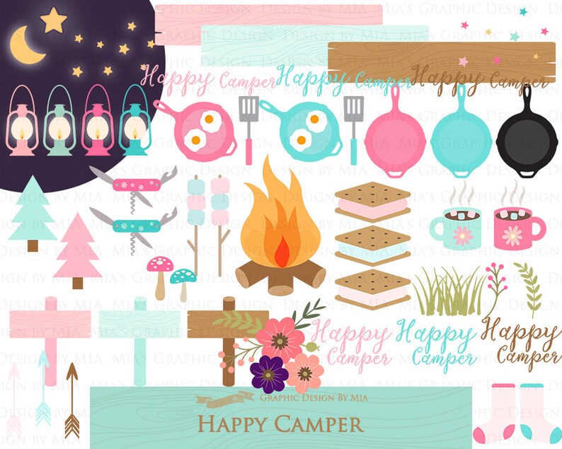 Happy Camper, Camping, Pink & Blue Clip Art + Digital Paper Set - Instant Download image 5