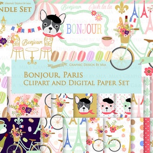 Paris, Parisian, Bonjour Paris, Eiffel Tower, Bicycle, French Dog, Cafe, Gas Light Clip Art + Digital Paper Set - Instant Download
