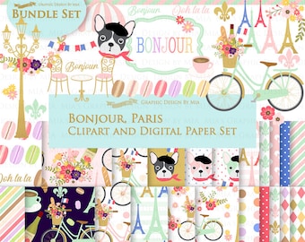 Paris, Parisian, Bonjour Paris, Eiffel Tower, Bicycle, French Dog, Cafe, Gas Light Clip Art + Digital Paper Set - Instant Download