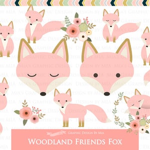 Fox Clipart, Pink Fox, Woodland Friends, Fox Digital, Fox Clip Art - Instant Download - CA168