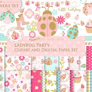 Ladybug, Ladybug Graphic, Ladybug Images, Ladybug Party, Ladybug Digital Clip Art + Digital Paper Set - Instant Download