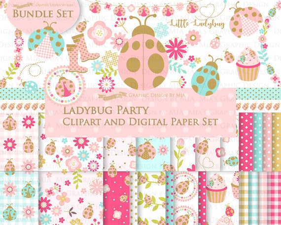 Ladybug, Ladybug Graphic, Ladybug Images, Ladybug Party, Ladybug Digital Clip Art + Digital Paper Set - Instant Download Il_570xn