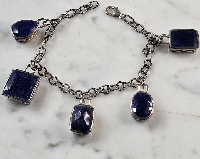 Womens Vintage Sterling Silver Modernist Sapphire Charm Bracelet 25.7g #E6669