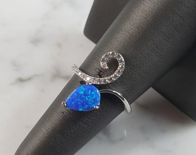 Womens Estate Sterling Silver Modernist Blue Opal & CZ Ring 2.7g E6455