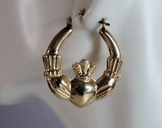 Womens Vintage Estate 10K Yellow Gold Irish Claddagh Hoop Earrings, 5.1g #E7016