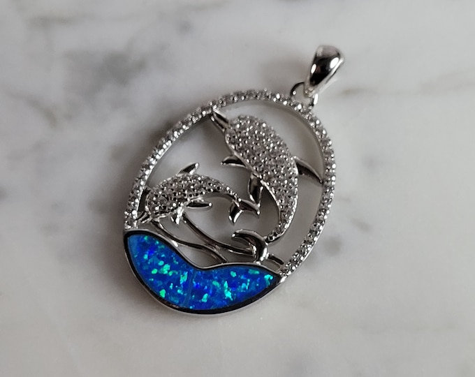 Womens Sterling Silver Blue Opal Dolphin Pendant 4.5g E2877