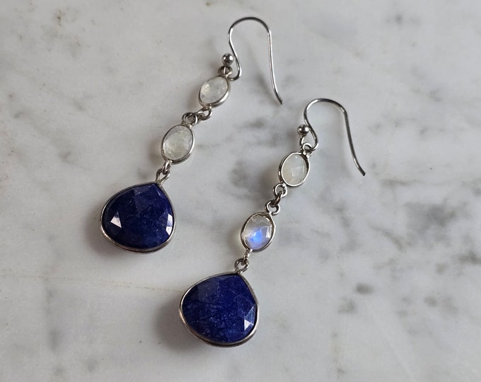 Pr Womens Sterling Silver Lapis Lazuli Moonstone Dangle Earrings 5.4g E7961