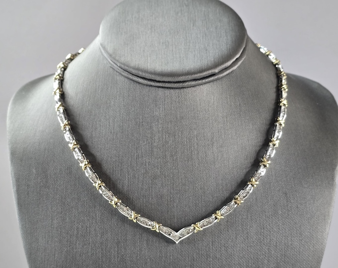 Womens Vintage 10k White & Yellow Gold Diamond Modernist Necklace 17.2g E5700