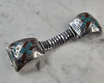 Vintage Sterling Southwestern Turquoise Coral Peyote Bird Watch Band 47.3g E615