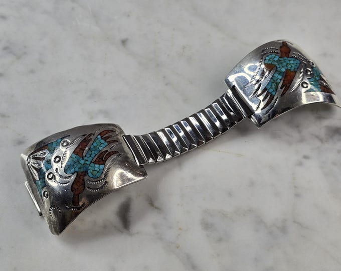 Vintage Sterling Southwestern Turquoise Coral Peyote Bird Watch Band 47.3g E615