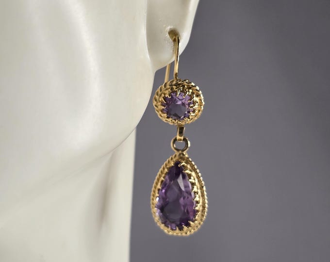 Pr Womens Vintage Estate 14K Gold Amethyst Earrings 5.4g E997