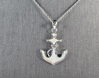 Womens Sterling Silver Opal Maritime Anchor Pendant Necklace 4.5g E3787