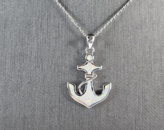 Womens Sterling Silver Opal Maritime Anchor Pendant Necklace 4.5g E3787
