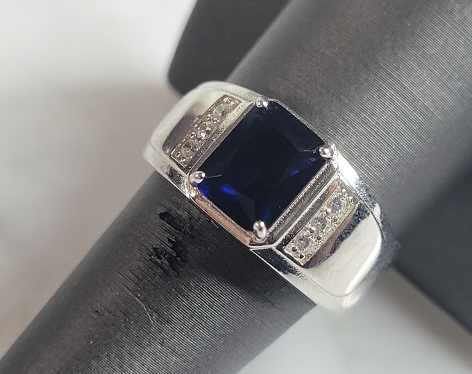 Mens Estate Sterling Silver Modernist Sapphire Ring 10.2g E6440