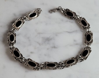 Womens Vintage Estate Sterling Silver Onyx Bracelet 14.6g E3548